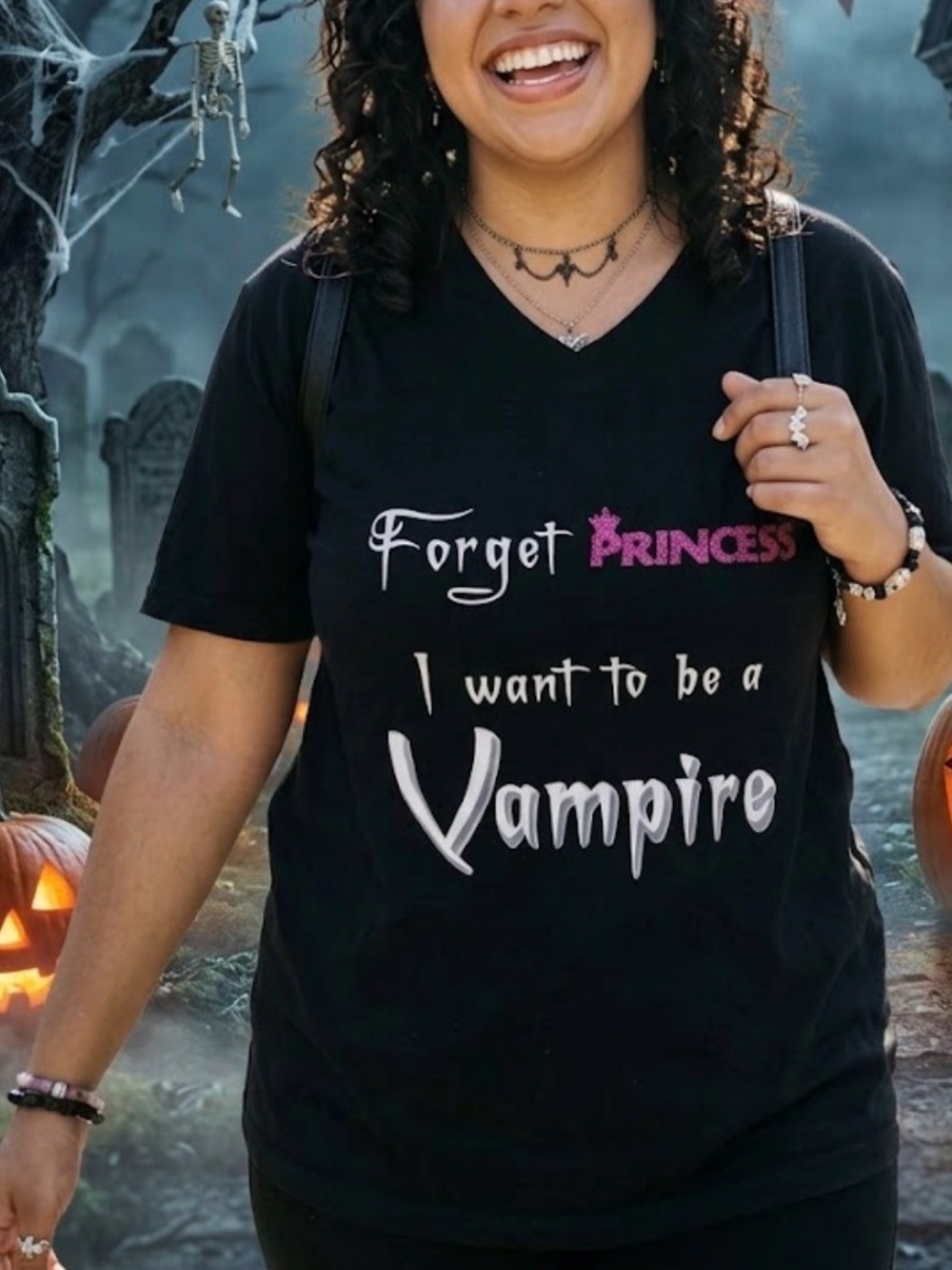 Forget Princess I Want to Be a Vampire Graphic V-Neck Tee - Black